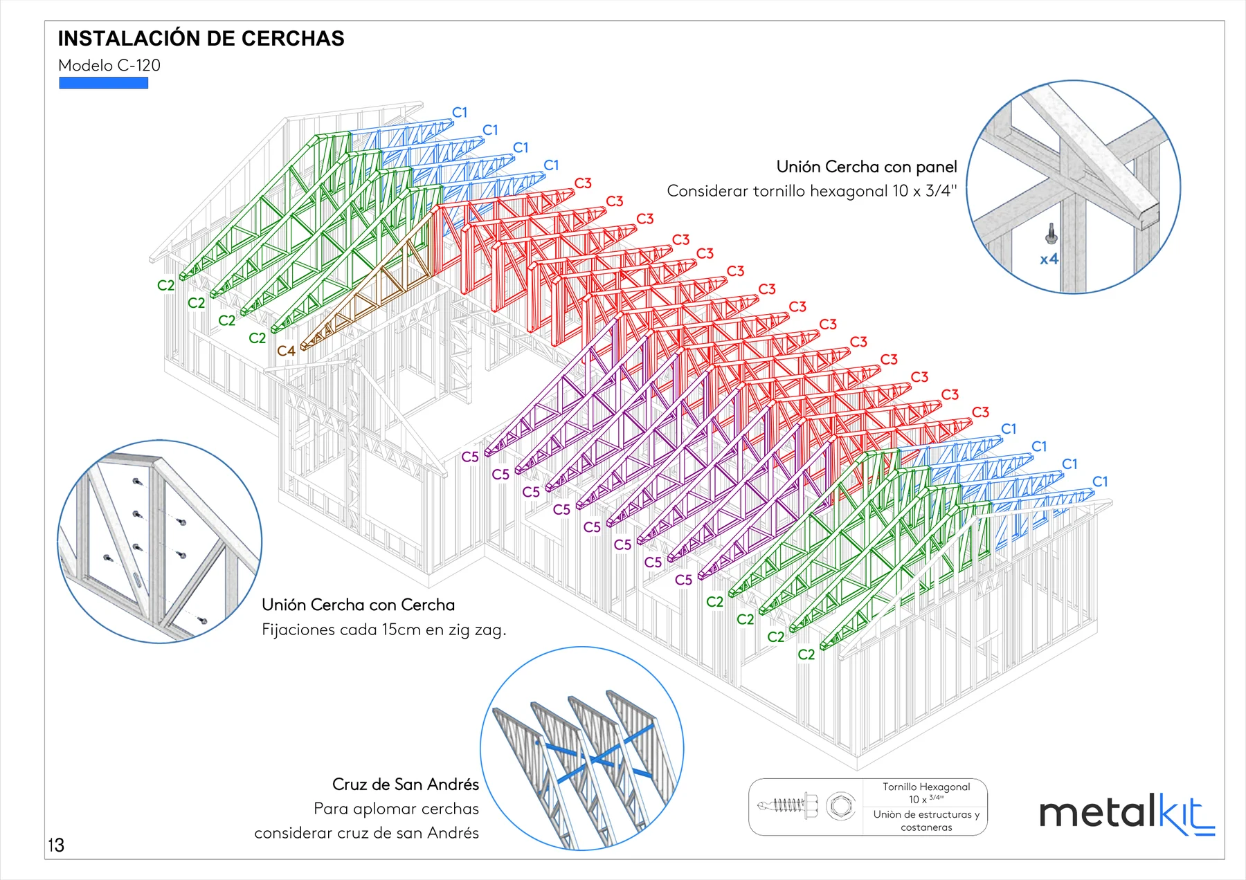 Lámina del manual de armado Metalkit: instalación de cerchas en isométrica