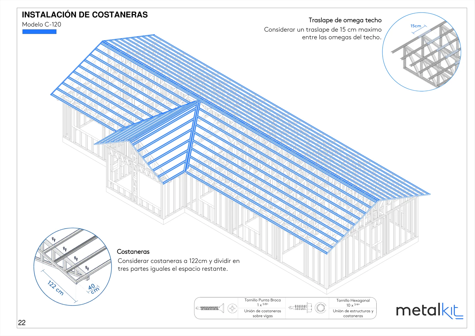 Lámina del manual de armado Metalkit: instalación de costaneras del techo en isométrica