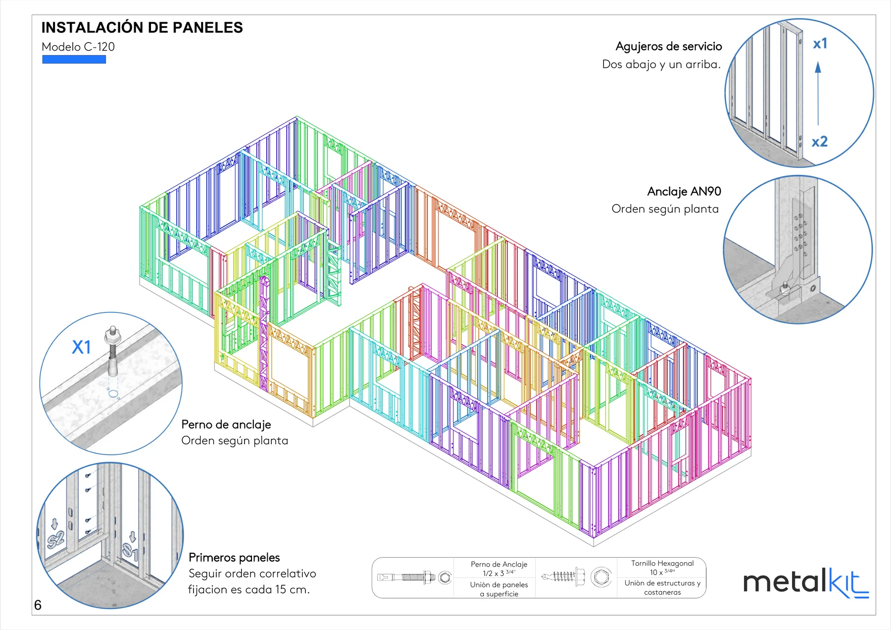 Lámina del manual de armado Metalkit: instalación de paneles en isométrica