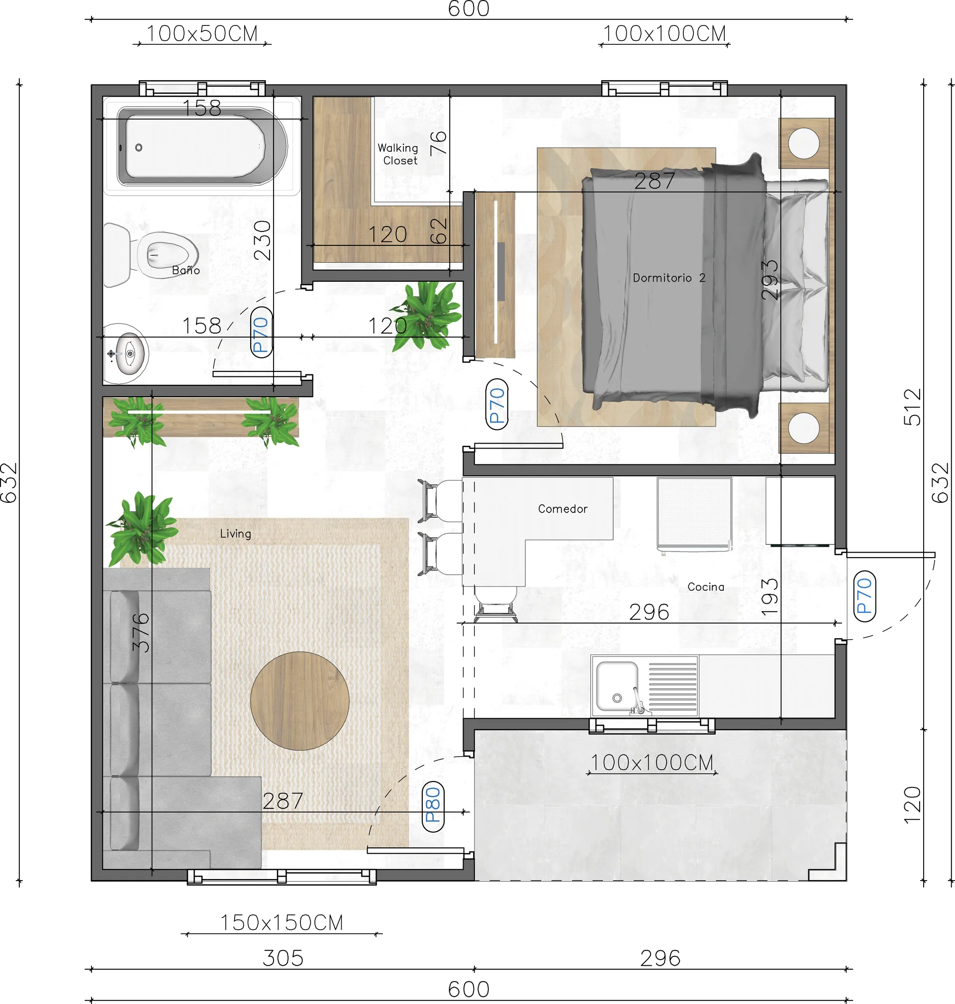 Planta del modelo A-37: distribución de recintos con sus medidas
