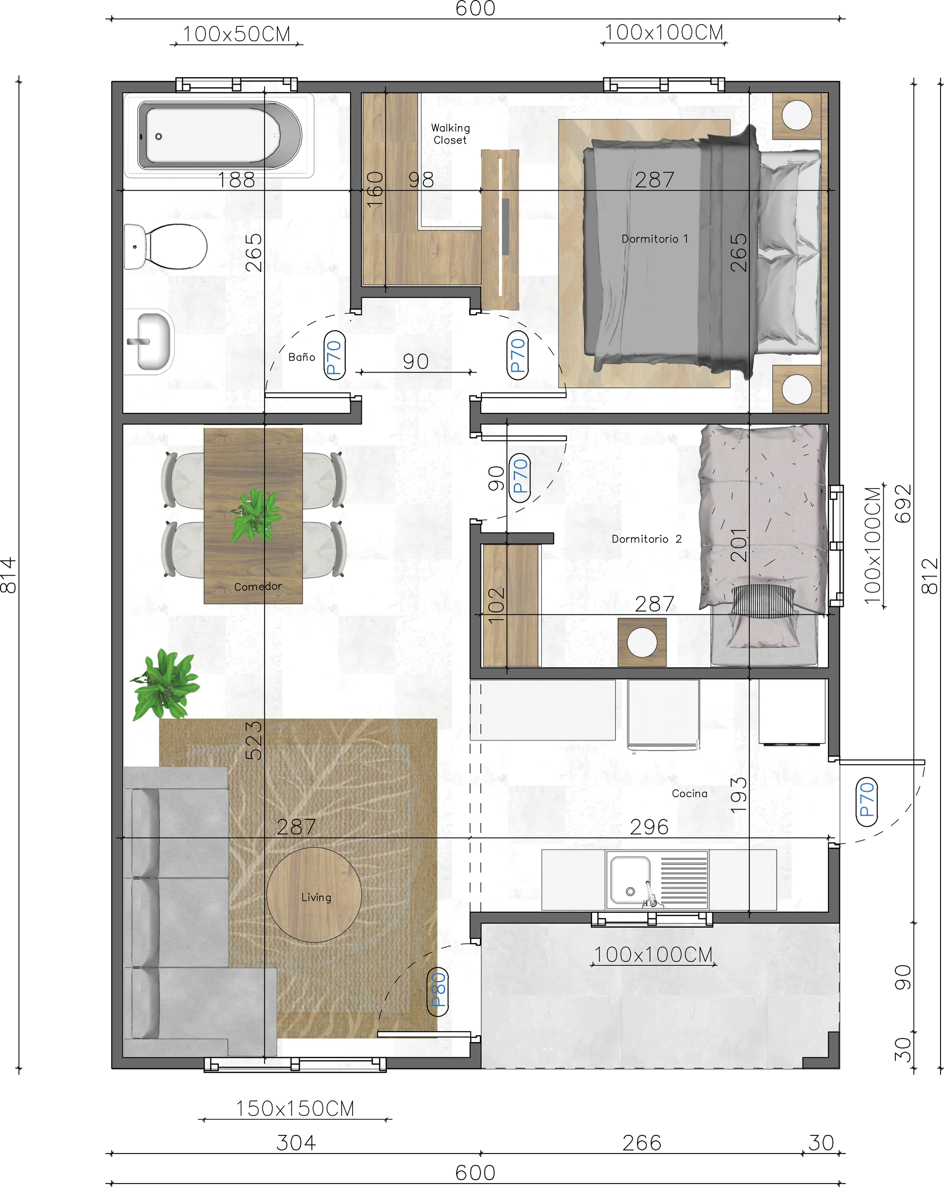 Planta del modelo A-48: distribución de recintos con sus medidas
