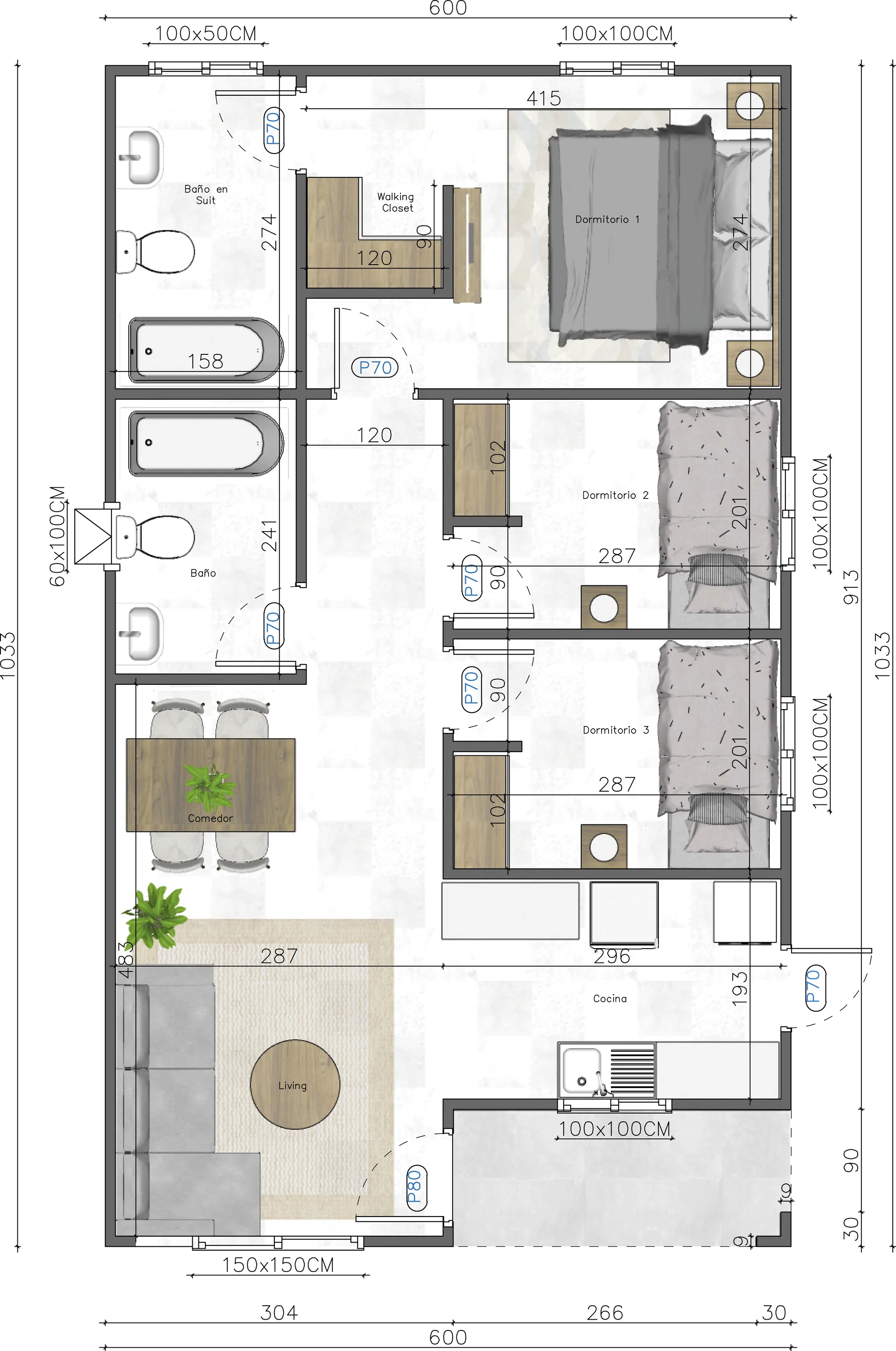 Planta del modelo A-61: distribución de recintos con sus medidas