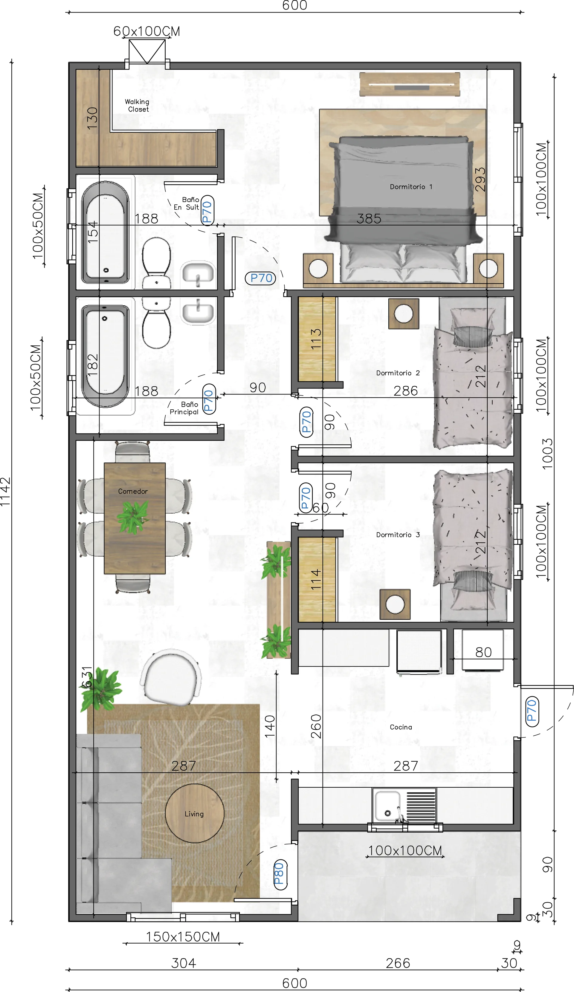 Planta del modelo A-68: distribución de recintos con sus medidas