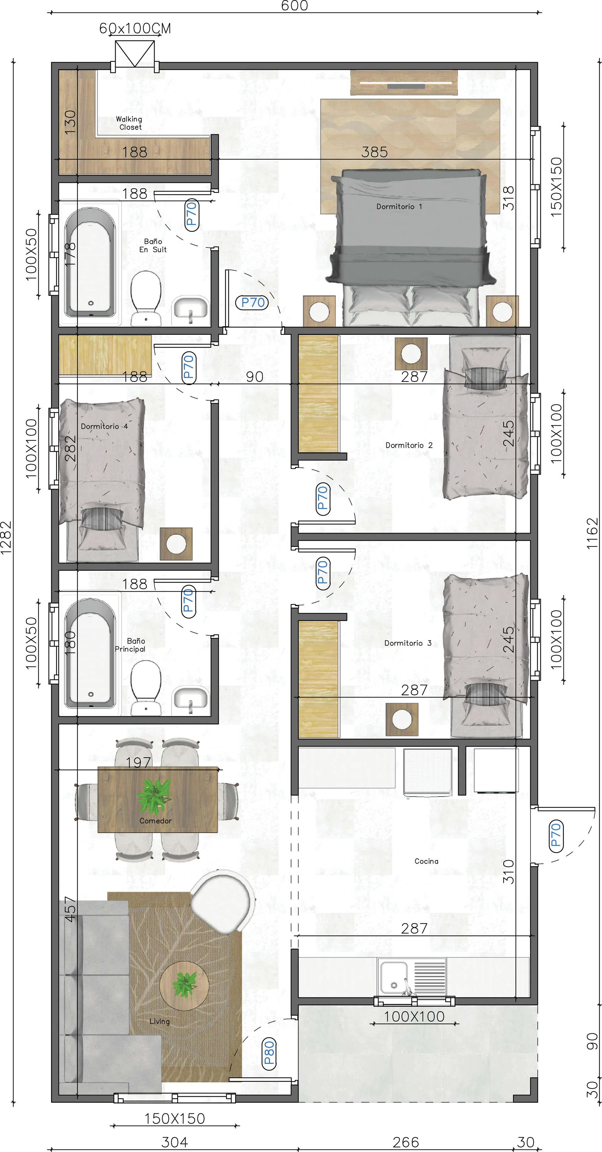 Planta del modelo A-76: distribución de recintos con sus medidas