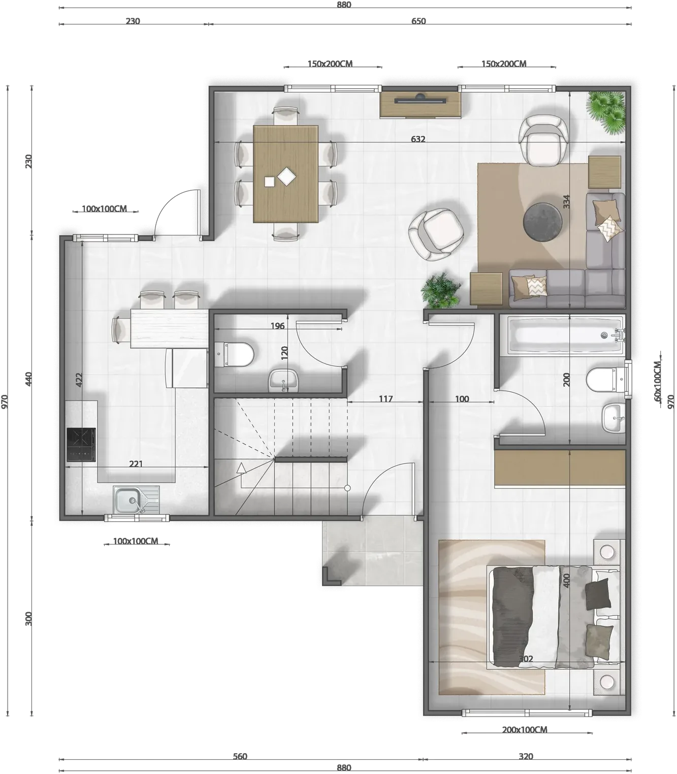 Planta del piso 1 del modelo E-108: distribución de recintos con sus medidas