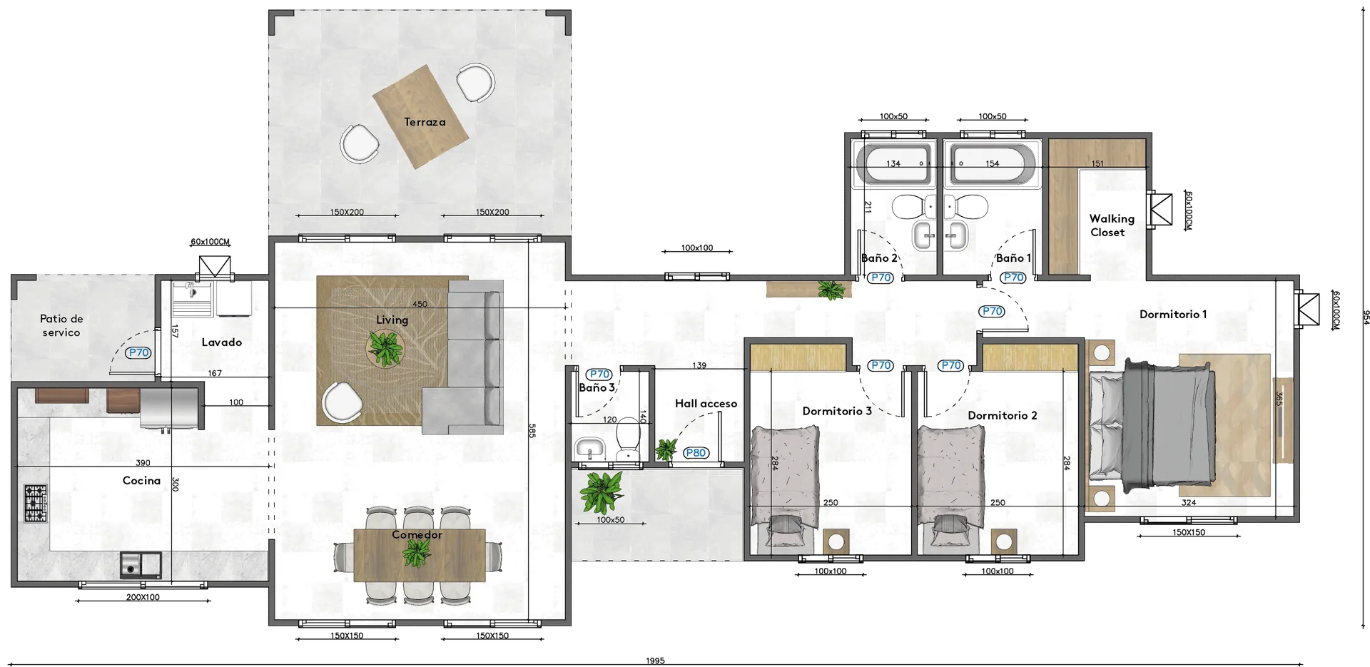 Planta del modelo F-121: distribución de recintos con sus medidas
